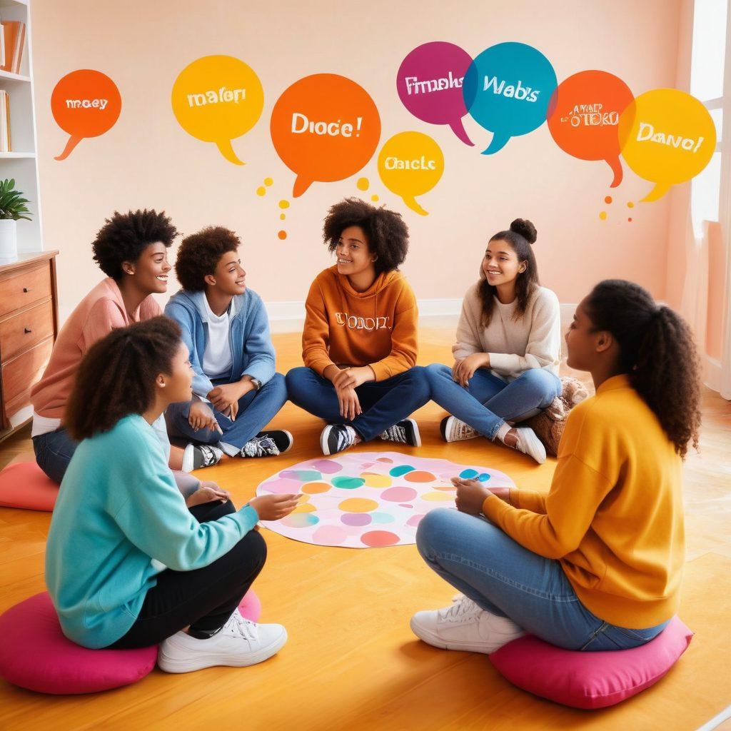 A diverse group of teenagers sitting in a circle, discussing dating and intimacy, surrounded by colorful speech bubbles containing positive affirmations and safety tips. The scene is set in a warm, inviting space like a cozy classroom or a park. Bright, uplifting colors represent the energy of youth and empowerment, highlighting inclusivity. Focus on making the teens' expressions genuine and supportive. super-realistic. vibrant colors. warm background.