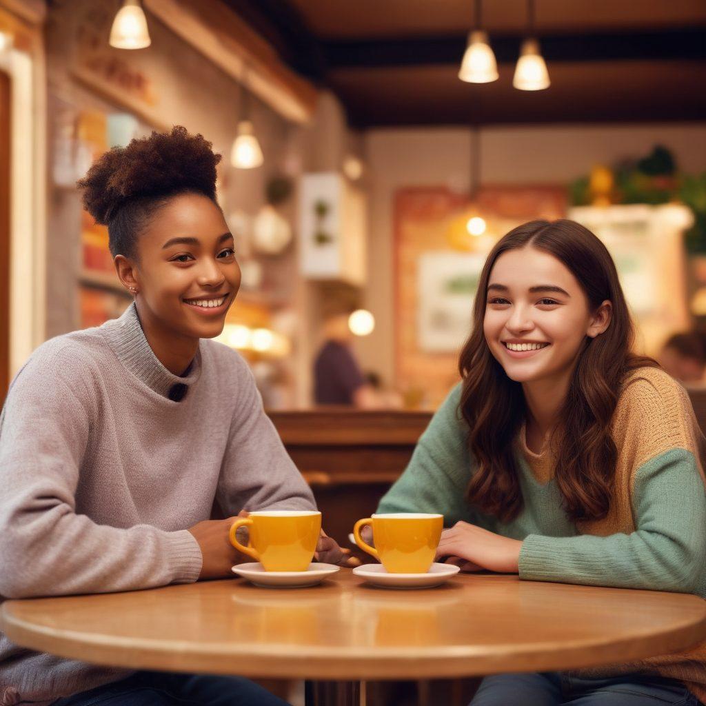 A heartwarming scene of diverse teenagers sitting in a cozy café, discussing their relationships, with bright smiles and expressive gestures. Include elements like coffee cups, notebooks, and a warm ambiance featuring soft lighting and colorful decorations that evoke a sense of intimacy and support. Capture the essence of young love, friendship, and heartfelt conversations. super-realistic. vibrant colors. soft focus.