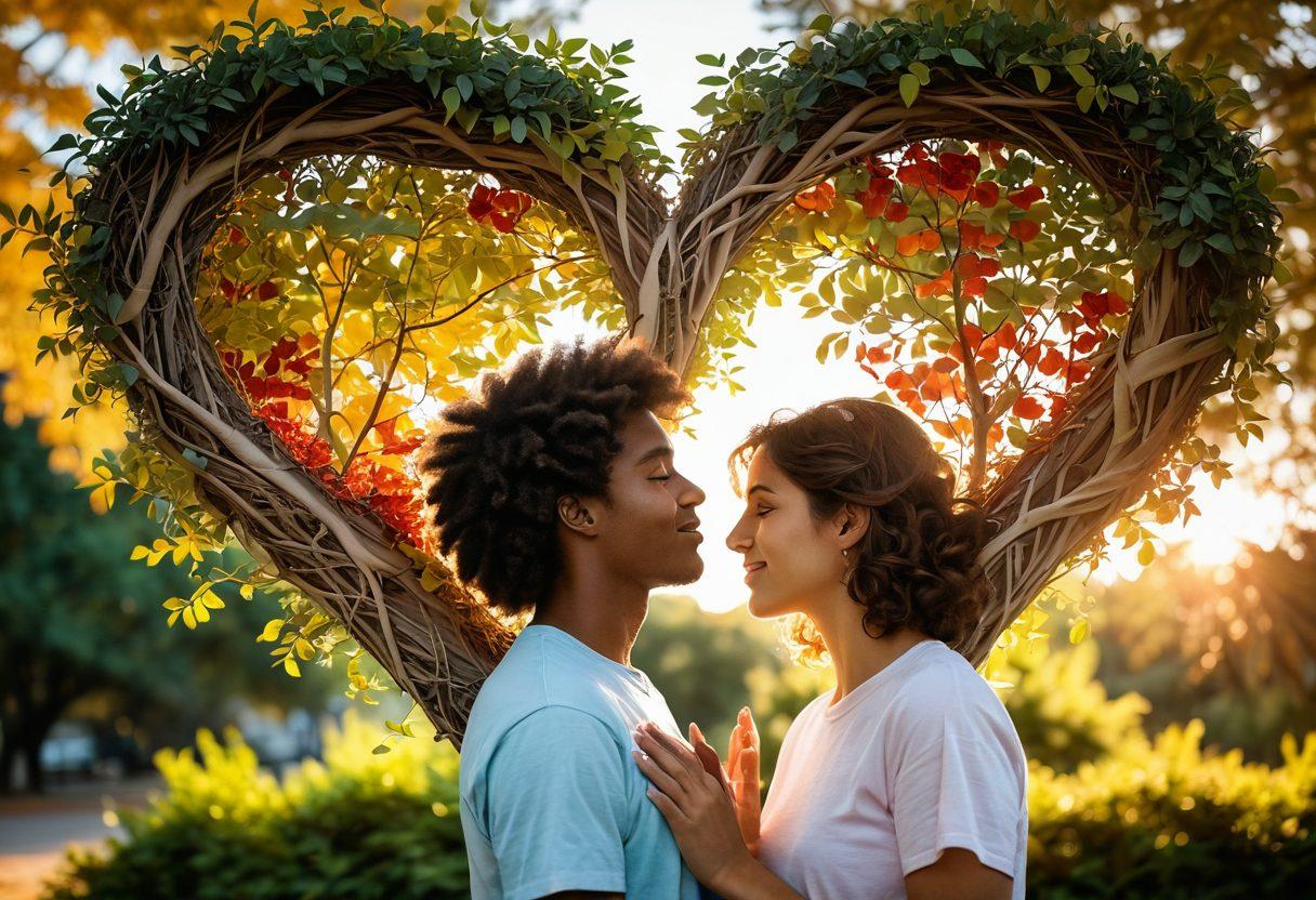 A heart-shaped tree with vibrant leaves symbolizing growth, surrounded by two diverse young people, sharing a tender moment under its branches. Soft, warm light filters through, enhancing the sense of connection and understanding. A gentle breeze sways the leaves, with hearts subtly incorporated into the foliage. Pastel colors evoke warmth and positivity. super-realistic. soft lighting. vibrant colors.